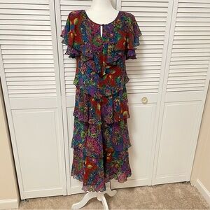 Vintage Ann Hobbs for Cattiva Tiered Dress Colorful Flutter Sleeves Retro Fairy